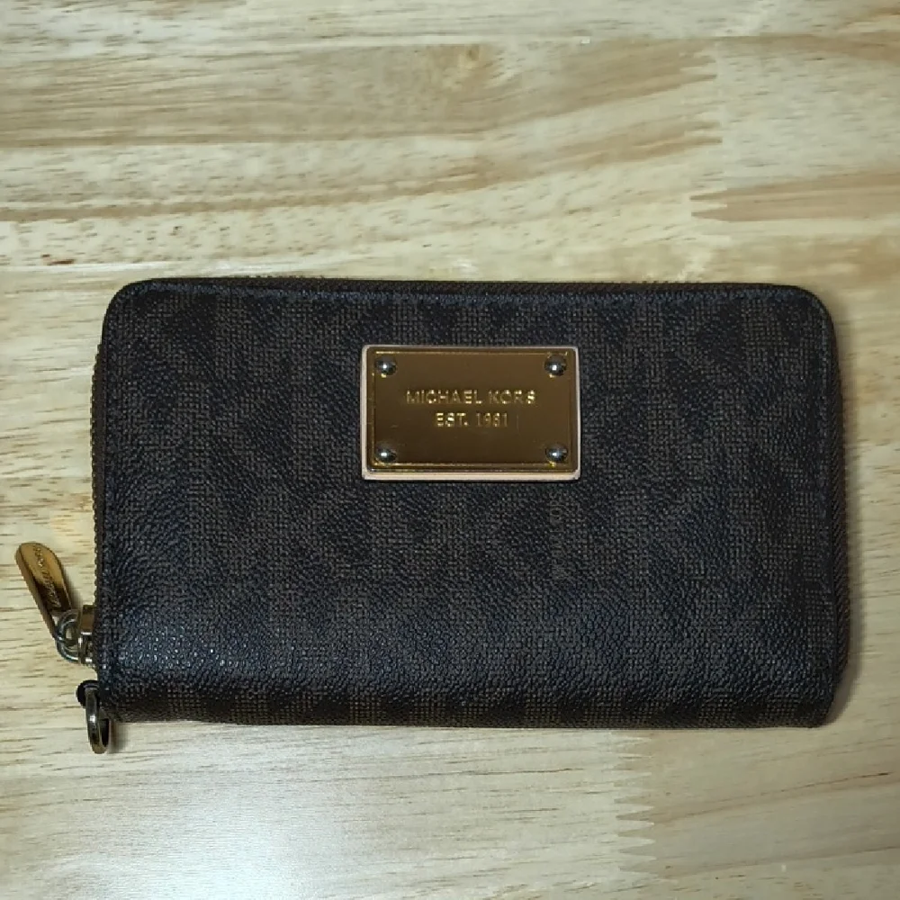 Michael Kors Zip Around Dark Brown Wallet with Gold Details MK Logo